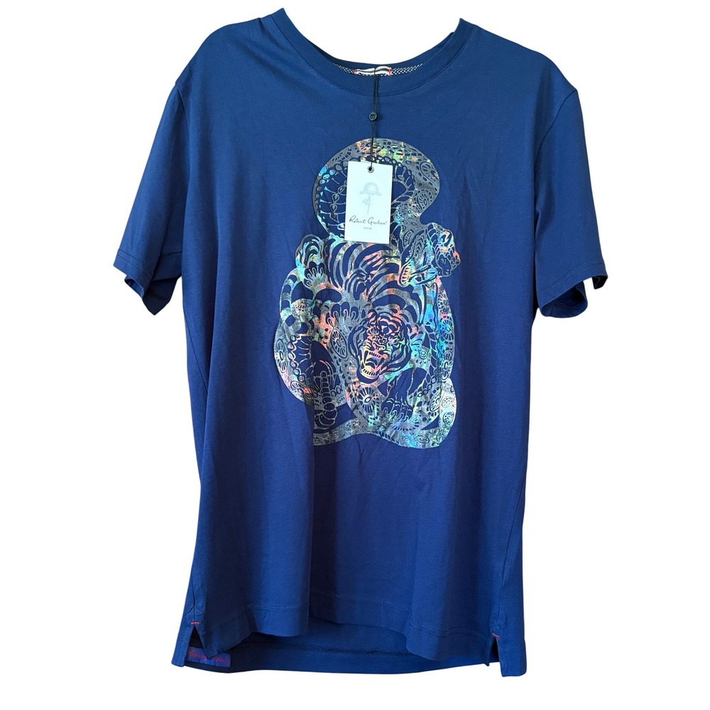 NWT Robert Graham Mens Cobra Navy Blue Iridescent Graphic T-Shirt Classic Fit M